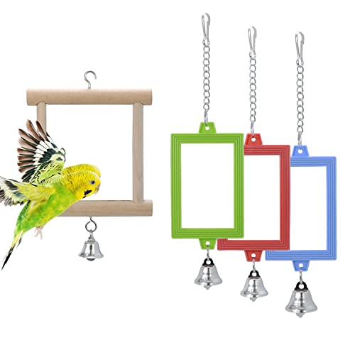 4 PCS Bird Mirror with Bell Hanging Interactive Toy (Multi-colored)