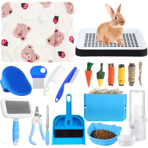 19 Pcs Rabbit Starter Kit Small Bunny Litter Box Rabbit Grooming Kit Water Bottle Bunny Toys Hay Feeder Bowl Blankets with Cleaning Set for Guinea Pig Accessories (Black / Cloud)