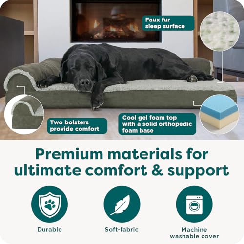 Cooling Gel Dog Bed for Large Dogs (Jumbo / (Two-Tone Faux Fur & Suede) Dark Sage)
