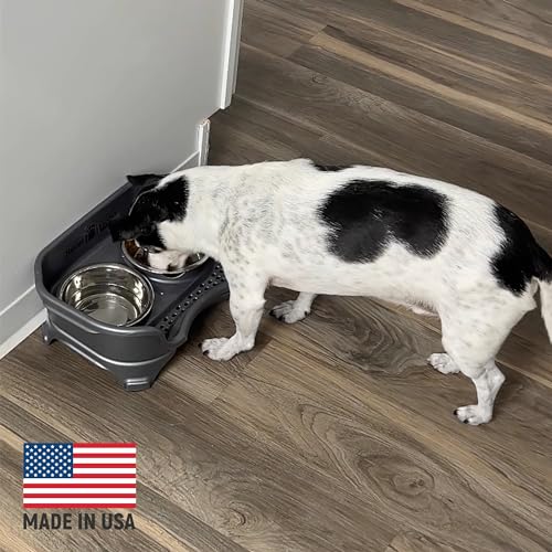Express Mess Proof Dog Bowls Elevated for Small Breeds Under 15 Lb (Small w/ Standard Bowls / Gunmetal Grey)