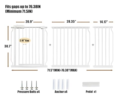 71.5 76.4 Inch Baby Gates Extra Wide Pet Dog Gates Indoor for Wide Openings (White / 71.5"-76.3"/182-194CM)