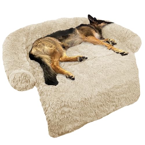 Calming Dog Bed Fluffy Plush Dog Mat for Furniture Protector with Removable Washable Cover for Large Medium Small Dogs and Cats (Beige / 45.0"L x 37.0"W x 6.0"Th)