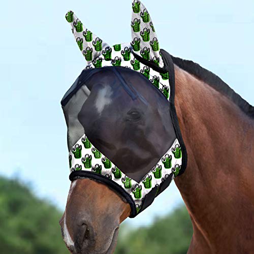 LumiVista Horse Fly Mask Standard with Ears UV Protection for Horse Green Cactus L Full Size (Green Cactus / Full (Large))