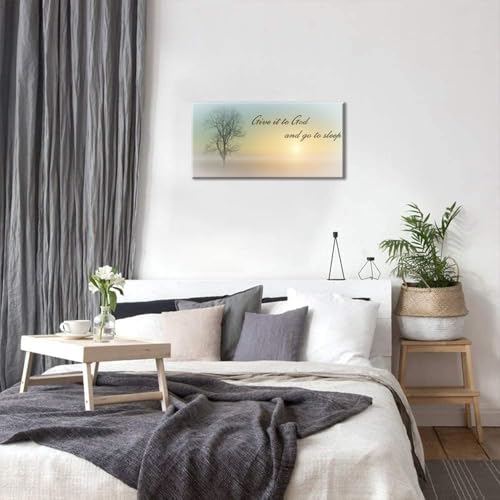 Canvas Wall Art of Misty Sunset & Tree Plant Picture For Bedroom Home Above Bed (46"L x 23"W / Yellow & Teal Sunrise Wal Art (D101))