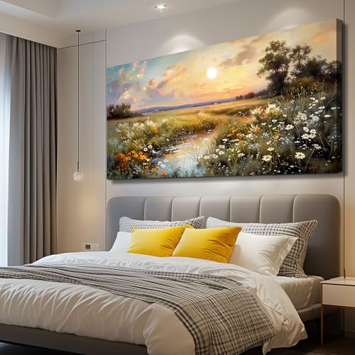 Large Canvas Wall Art for Living Room Wall Decor Bedroom Vintage Farmhouse Wildflower Wall Painting Office Decorations Nature Landscape Picture Artwork Aesthetic Home Decor Ready To Hang (60"L x 30"W / Rural Scenery)