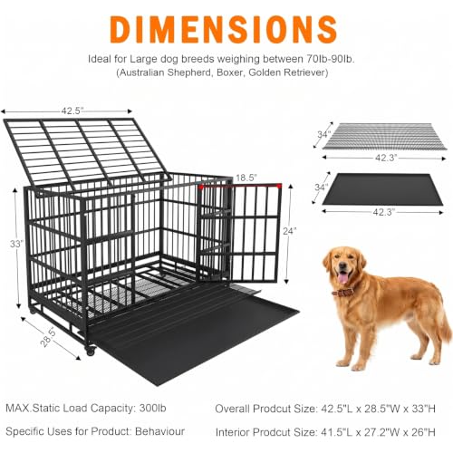 42 Inch Heavy Duty Dog Crate Cage with Wheels (Black)