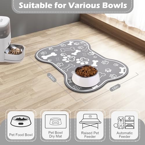 Dog Cat Food Mat (24"L x 16"W / Bone Shaped Grey)