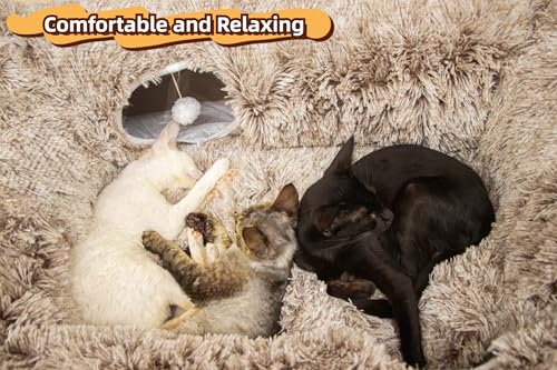 4 Cave Shuttled XL Cat Tunnel Bed for Indoor Cats Peekaboo Toy Donut with Warm Mat (Yellow-brown)