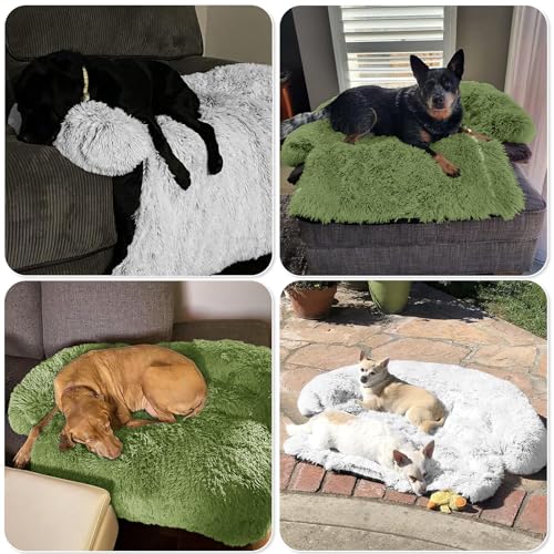 Calming Dog Bed Fluffy Plush Dog Mat for Furniture Protector with Removable Washable Cover for Large Medium Small Dogs and Cats (Grass Green / 41.0"L x 37.0"W x 6.0"Th)