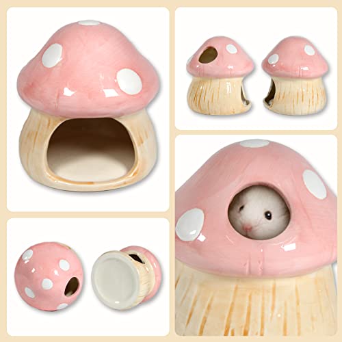 Ceramic Mushroom Hamster Hideout with Food Bowl (Pink)