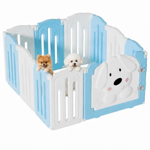 Puppy Play Pen for Indoors with Cute Dog Pattern Door (blue&white / 10 Fence Panels+1 Door)