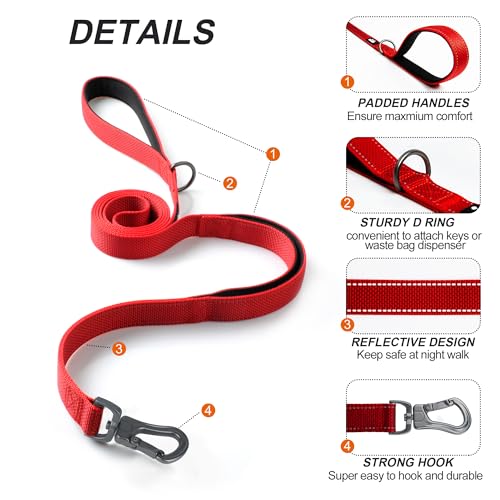 4FT 1IN Heavy Duty Dog Leash for Large Dogs with 2 Padded Handles (Red / 1 in x 4 ft)