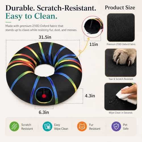 Cat Tunnel Toy with Plush Ball & Cat Wand Feather Toys (1 Pack - Round Tunnel / Black)