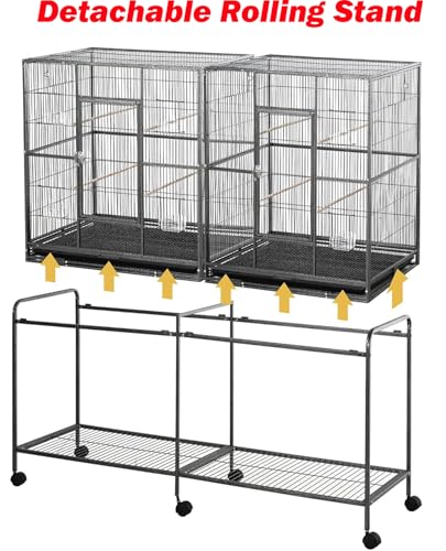 54" Large Double Breeding Flight Bird Wrought Iron Double Parrot Bird Cage Slide Out Center Divider Side Nesting Doors Cockatiel Conure Removalbe Rolling Stand (Black Vein / 51.0"L x 17.0"W x 54.0"H)
