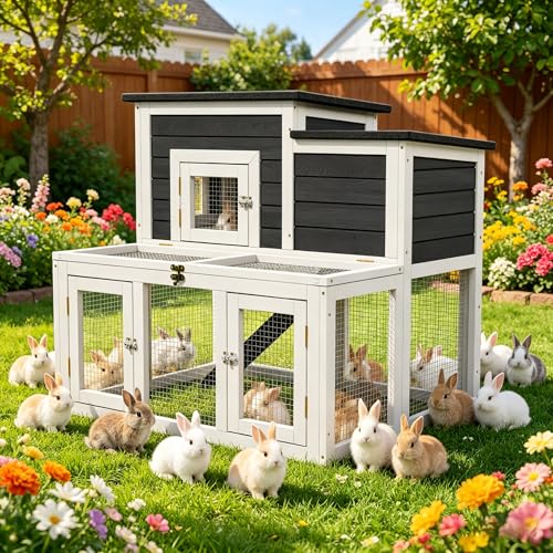 Outdoor Rabbit Hutch Wooden Bunny Cage for Small Animals (Gray+Black)