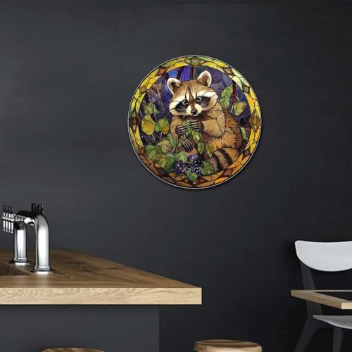 Metal Sign Tin Sign Circular Stained Glass Raccoon Minimalist Wall Art for Club 8×8 Inches (8×8 Inches / Raccoon-2)