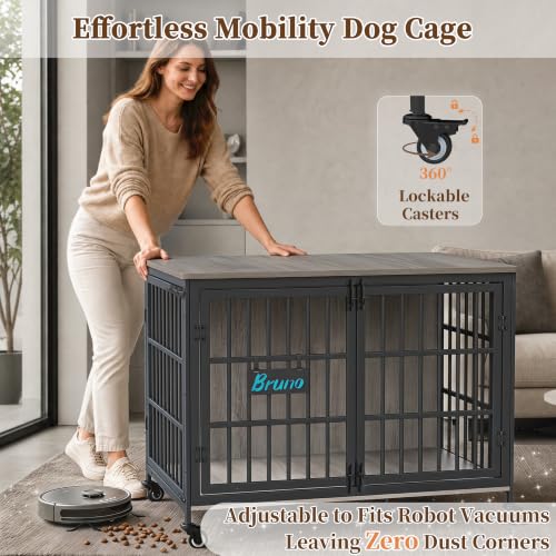 46 In Heavy Duty Dog Crate Furniture on Lockable Wheels (Grey / 46.1"L x 28.7"W x 31.9"H)