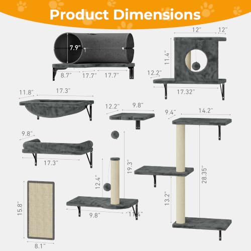 8-in-1 Cat Wall Shelves, Cat Wall Furniture Set (Grey)