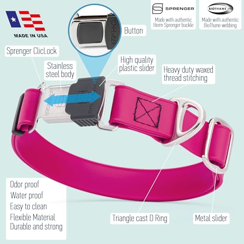 Biothane Waterproof Dog Collar with Herm Sprenger Black Stainless Steel Quick Release Buckle (W 3/4" x L 12"-19" / Magenta Pink)