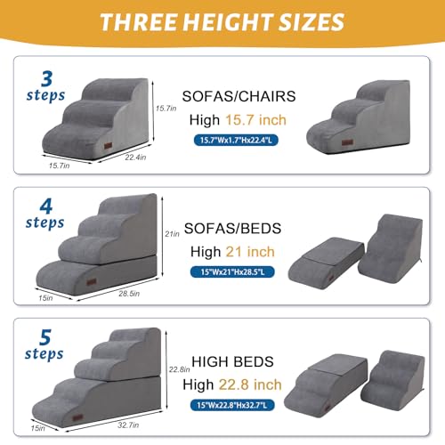 4 Step Dog Stairs and Ramp for Beds or Couch (Grey / Split Design 4-Step 21"H)