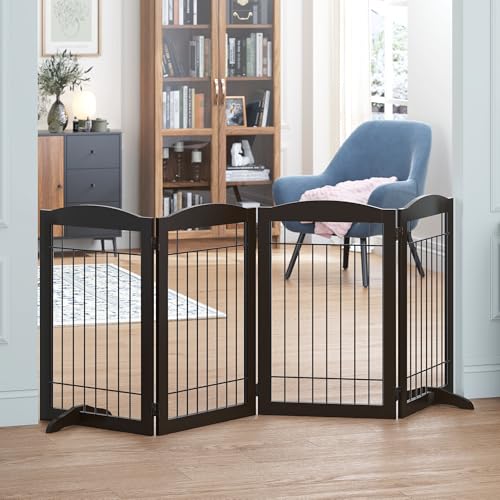 Free Standing Foldable Metal Pet Gate for Dog (Espresso / 【4 Panels】80"W x 30"H)
