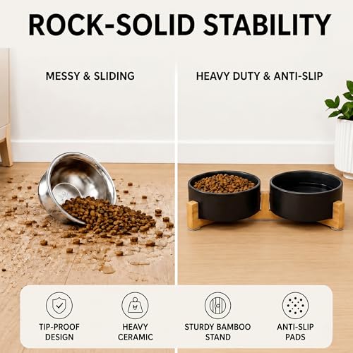 Ceramic Dog and Cat Bowl Set with Wooden Stand (1.7 cups / Black × 2)