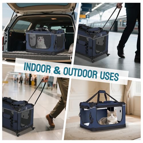 24 inch Rolling Extra Large Cat Carrier with Wheels (Navy Blue)