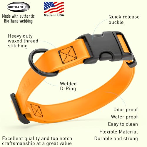 Biothane Waterproof Dog Collar with Quick Release Buckle Strong Coated Nylon Webbing with Odor (5/8"W by 10-14"L / Tangerine Orange)