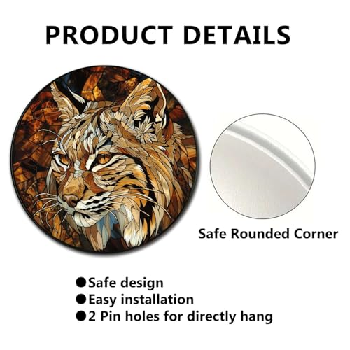 Metal Sign Tin Sign Circular Stained Glass Bobcat Signs for Garden for Patio 12×12 Inches (12×12 Inches / Bobcat-1)
