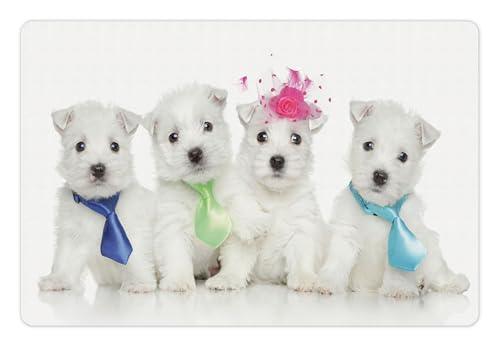 Westie Pet Mat for Food and Water (Pink and White)