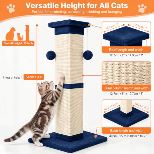 Cat Scratching Post 33 Inch Nature Sisal Scratch Post for Indoor Cats (Blue)