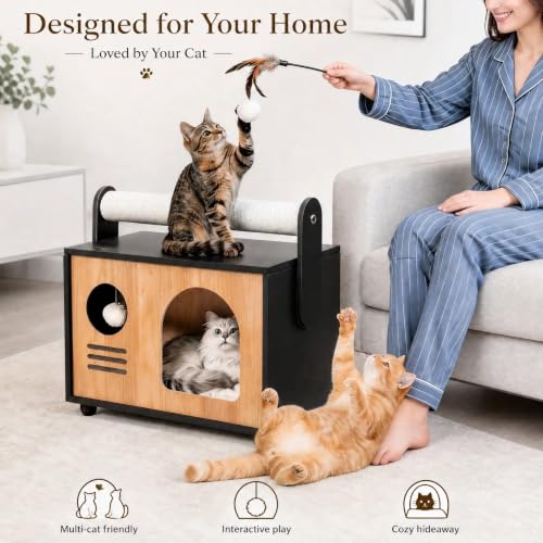 Wooden Cat House with Top Scratching Post for Indoor Cats