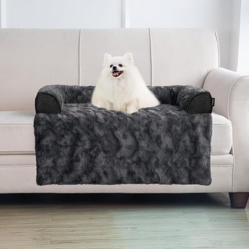 Calming Dog Bed for Couch with Cozy Raised Edge (Dark Grey / 35"L x 31"W x 4.5"Th)