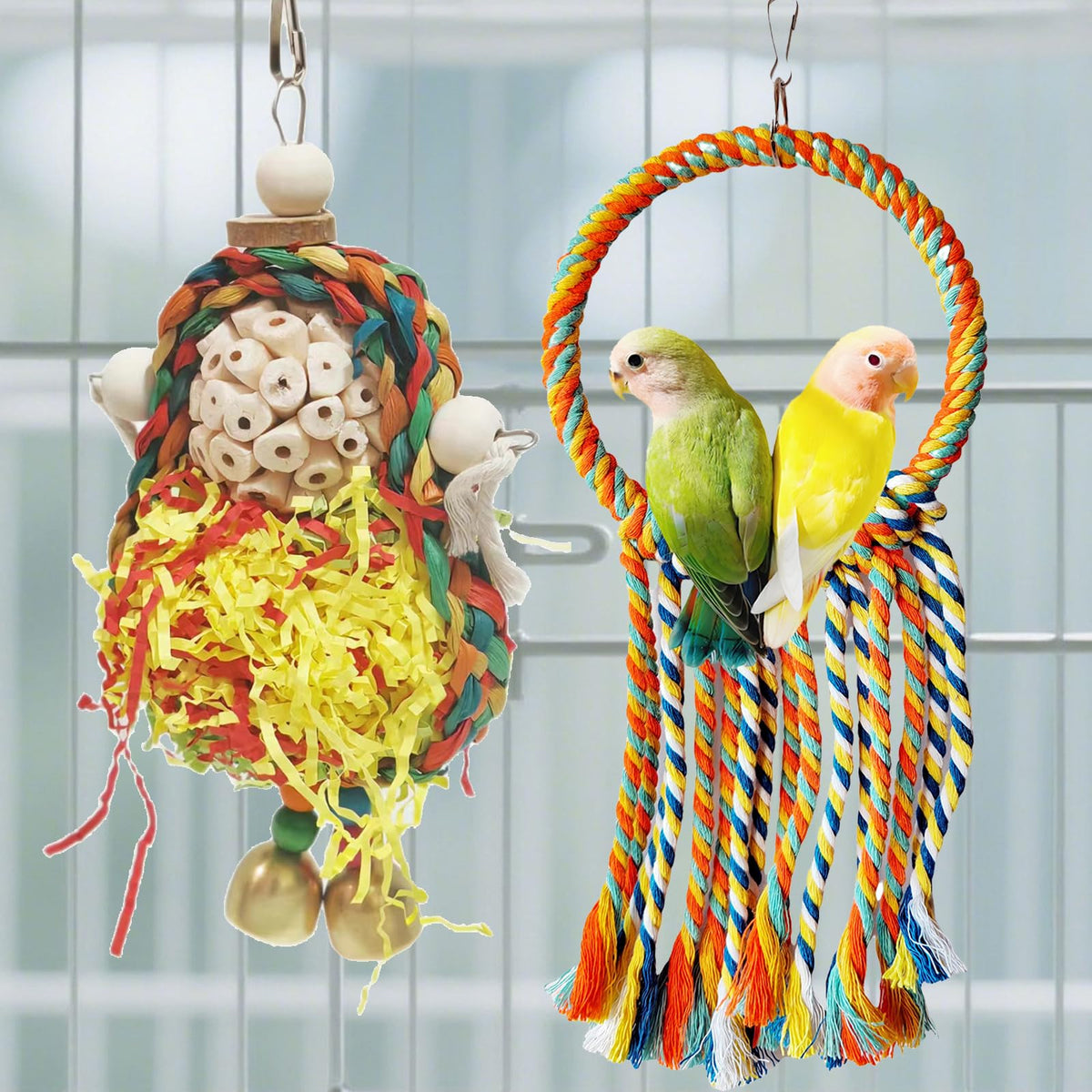 Wooden Bird Swing Toy with Rope Perch (colorful)