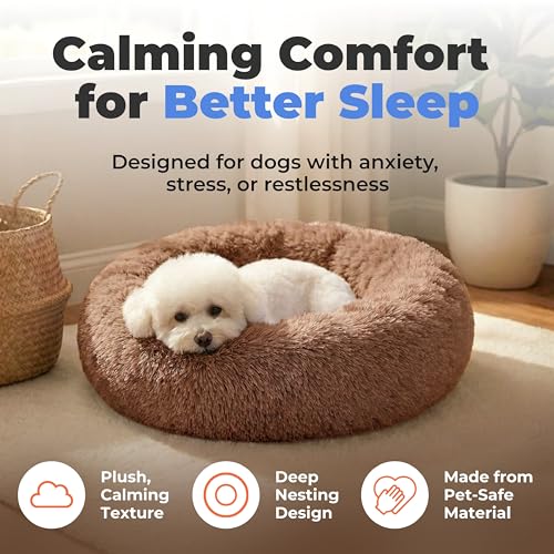Round Calming Dog Bed for Small (Caramel / 24" x 24" x 7")