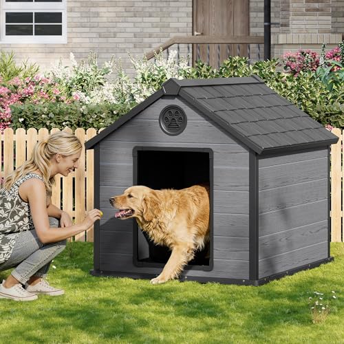 Extra Large Giant Dog House Outdoor Indoor for Large Dogs Durable Plastic Waterproof Doghouse with Air Vents and Elevated Floor Easy Clean and Assemble (Black / 42"D x 44.5"W x 42"H)
