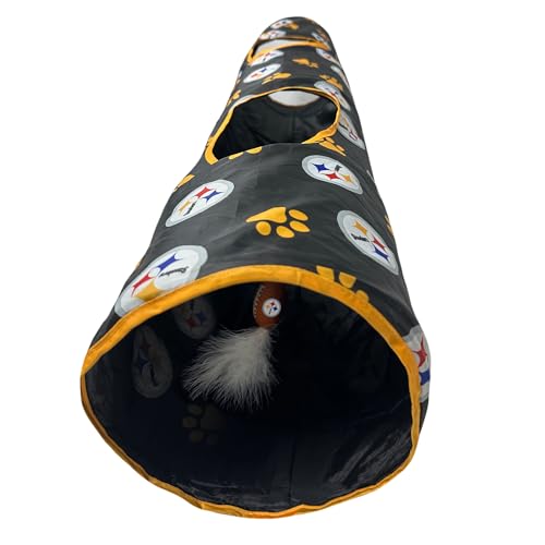 NFL Pittsburgh Steelers Cat Tunnel Tube Toy with Plush Football Catnip and Feathers Collapsible Tunnel for Cats to Play (Pittsburgh Steelers)