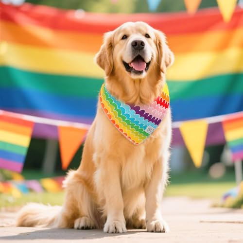 Rainbow Dog Bandanas & Matching Scrunchie Set Girl Cute Pride Dog Scarf Bibs Pet Bandana with Bow Tie for Medium Large Dogs Owner Mom Summer (rainbow-02 / Large-set of 1)