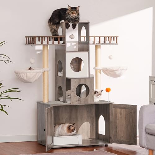 Cat Tree with Litter Box Enclosure for Indoor Big Cat HCT110SG (Rustic Gray / 60 inch)