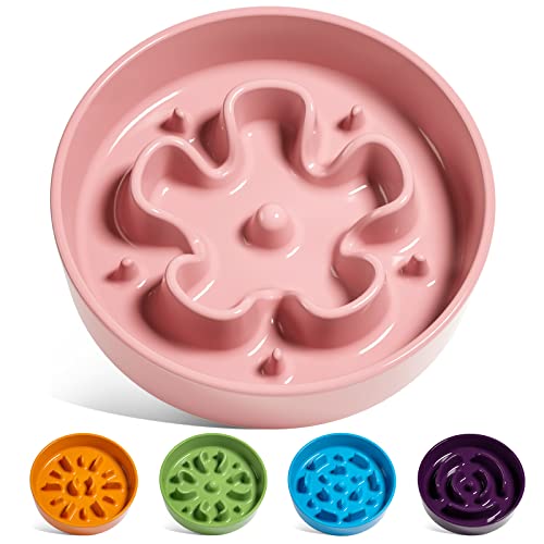 Ceramic Slow Feeder Dog Bowls Small Breed (Pink Bloom / S-0.6 Cups)