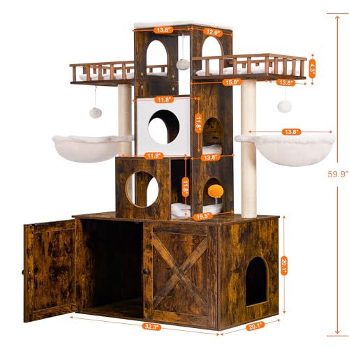Cat Tree with Litter Box Enclosure for Indoor Big Cat HCT110SR (Rustic Brown / 60 inch)