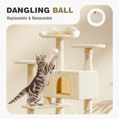 54 Inch Cat Tree Tower with Natural Sisal Scratching Post (Cream / 54"×19.7"×19.7")