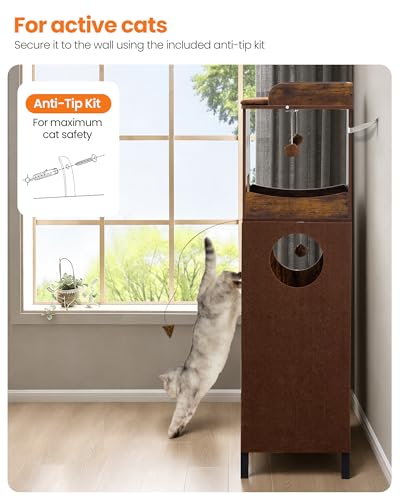 56in Modern Wood Cat Tree Tower for Indoor Cats with Hammock (Rustic Brown4 / 56 Inches)