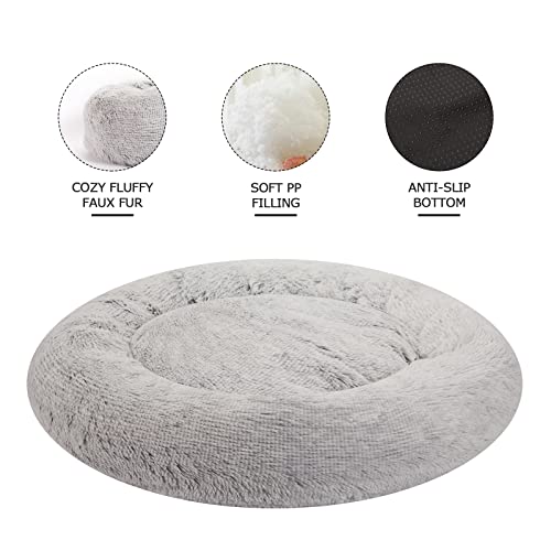 Calming Fluffy Donut Dog Bed for Small Dogs (23.0"L x 23.0"W x 7.0"Th / Light Grey)