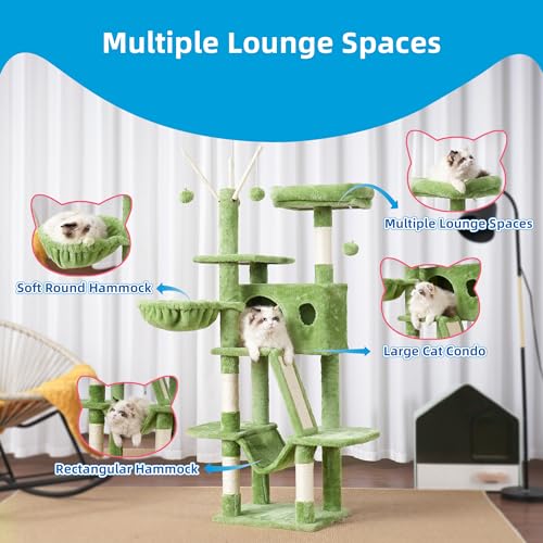 Cat Tree Tower with Padded Platform Bed (53 Inch / Green)