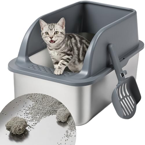 High Sided Stainless Steel Litter Box with Lid