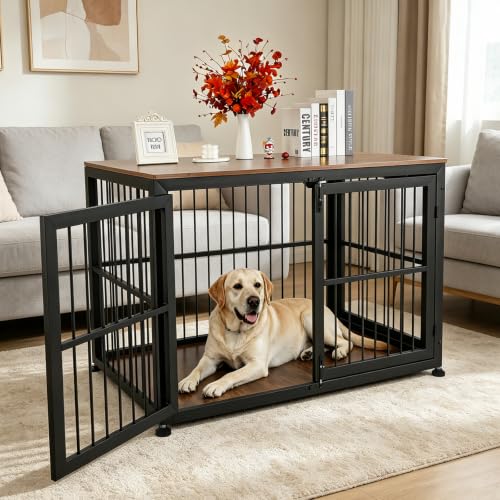 48" Rustic Heavy Duty Dog Crate Furniture for Extra Large Dogs (Black + Rustic Brown / 48.0"L x 30.1"W x 33.9"H)