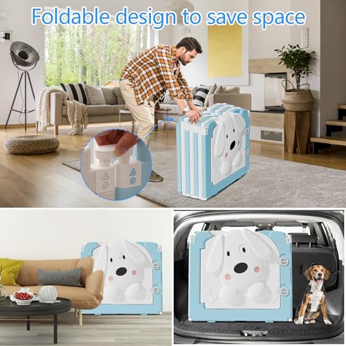 Foldable Puppy Play Pen Indoors with Cute Dog Pattern Door (blue&white / 12 Fence Panels+1 Door)