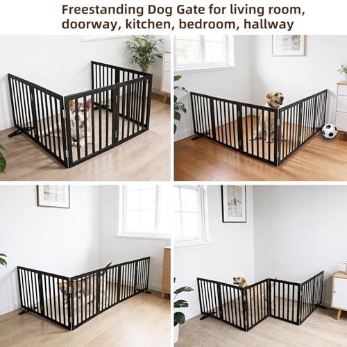 Freestanding Indoor Dog Gate for House Foldable Wood Puppy Gate for Doorways Pet Gate for Stairs Extra Wide Pet Fence (Black / 【6 Panels】120''w x 32''h)