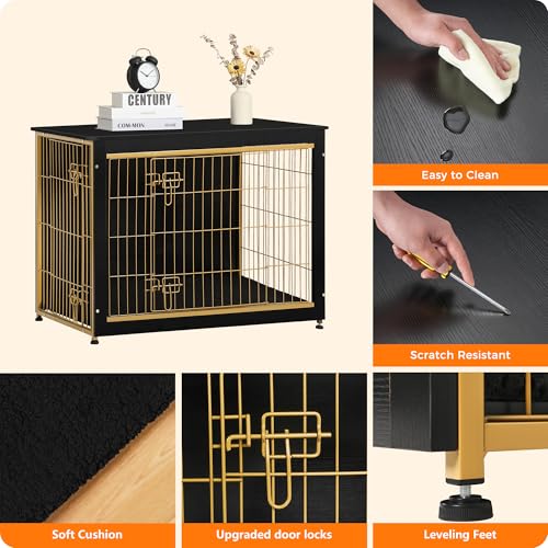 38.5" XL Dog Crate Furniture with Cushion (Black+Gold / 38.5"L x 25.6"W x 26.8"H)